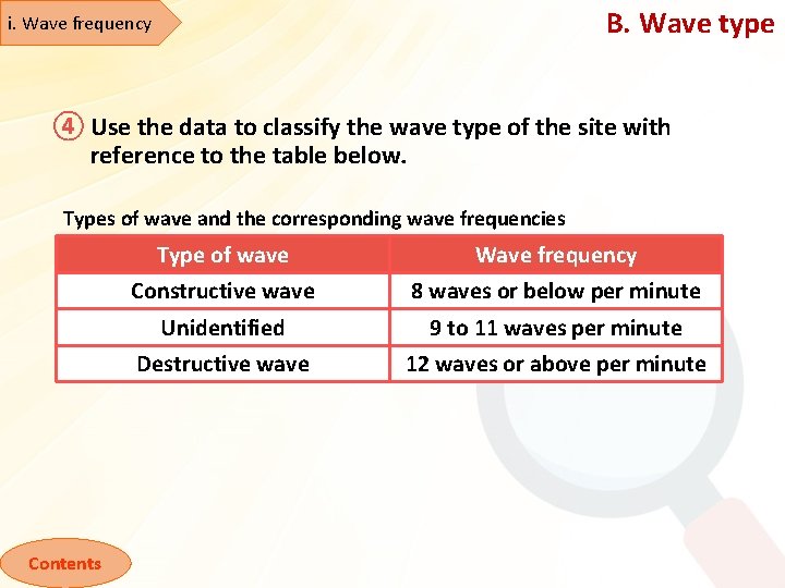 B. Wave type i. Wave frequency ④ Use the data to classify the wave