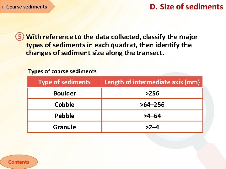 D. Size of sediments i. Coarse sediments ⑤ With reference to the data collected,