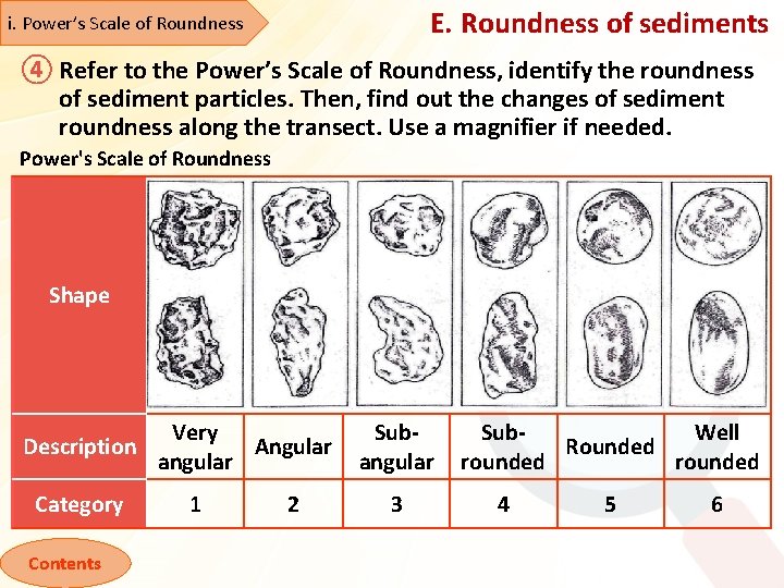 E. Roundness of sediments i. Power’s Scale of Roundness ④ Refer to the Power’s