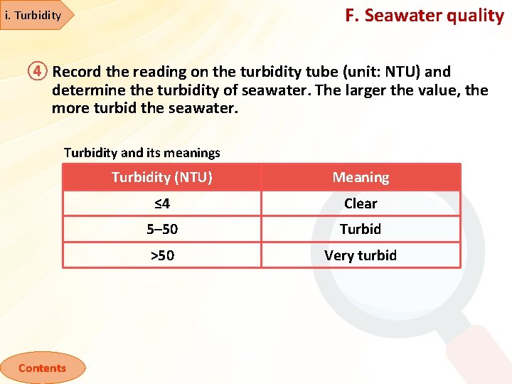 F. Seawater quality i. Turbidity ④ Record the reading on the turbidity tube (unit: