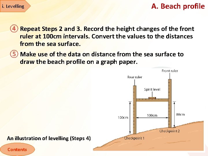 i. Levelling A. Beach profile ④ Repeat Steps 2 and 3. Record the height