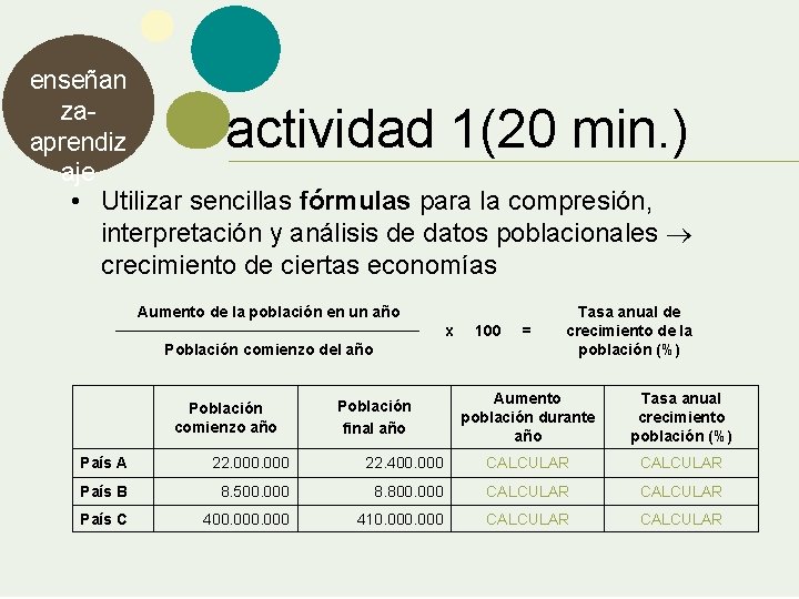enseñan zaaprendiz aje • Utilizar sencillas fórmulas para la compresión, interpretación y análisis de