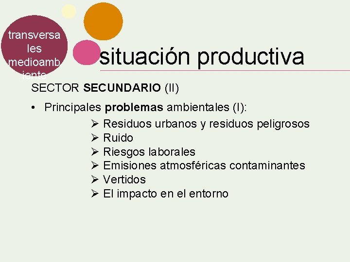 transversa les medioamb iente SECTOR SECUNDARIO (II) situación productiva • Principales problemas ambientales (I):