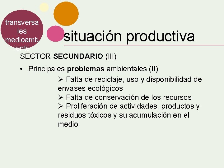 transversa les medioamb iente SECTOR SECUNDARIO (III) situación productiva • Principales problemas ambientales (II):
