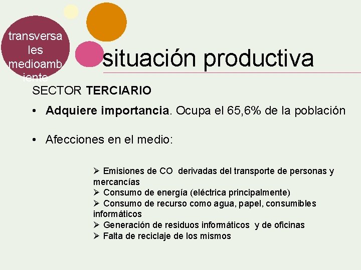 transversa les medioamb iente SECTOR TERCIARIO situación productiva • Adquiere importancia. Ocupa el 65,