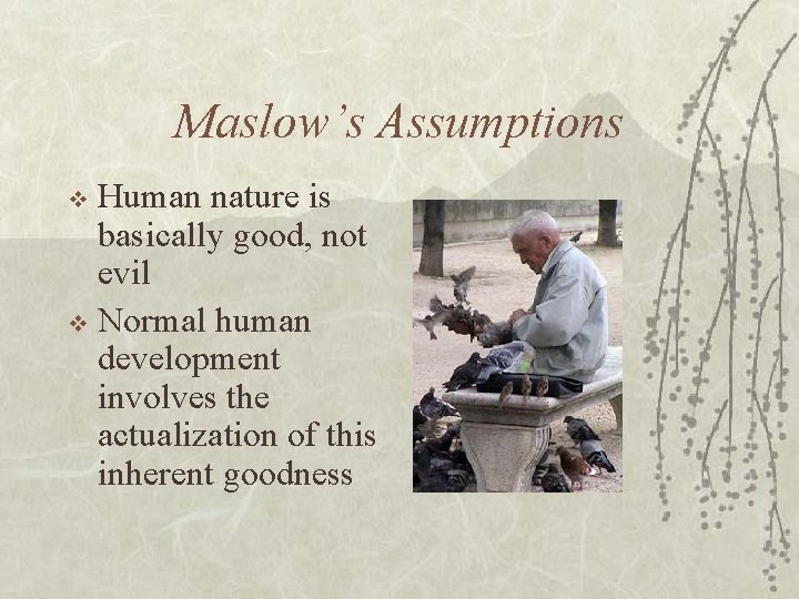 Maslow’s Assumptions Human nature is basically good, not evil v Normal human development involves