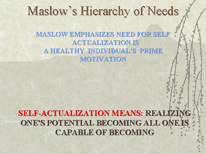 Maslow’s Hierarchy of Needs MASLOW EMPHASIZES NEED FOR SELF ACTUALIZATION IS A HEALTHY INDIVIDUAL’S