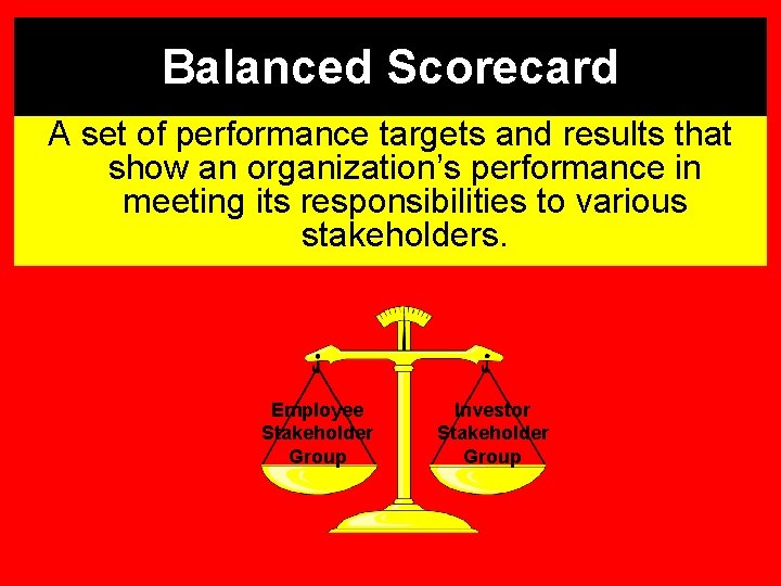 Balanced Scorecard A set of performance targets and results that show an organization’s performance