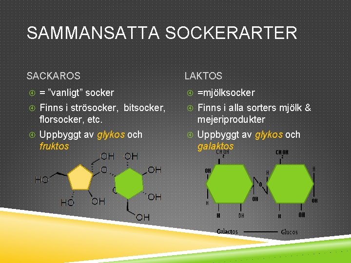 SAMMANSATTA SOCKERARTER SACKAROS LAKTOS = ”vanligt” socker =mjölksocker Finns i strösocker, bitsocker, Finns i