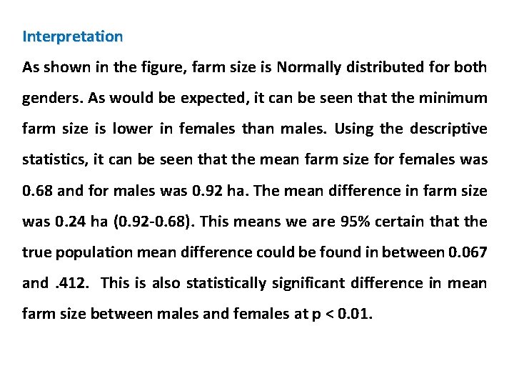 Interpretation As shown in the figure, farm size is Normally distributed for both genders.
