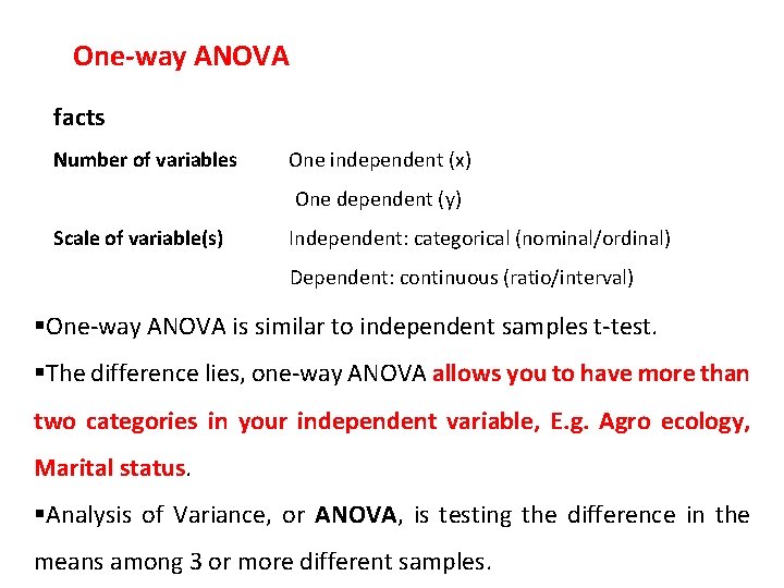 One-way ANOVA facts Number of variables One independent (x) One dependent (y) Scale of
