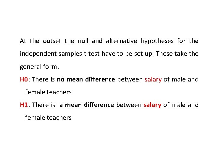 At the outset the null and alternative hypotheses for the independent samples t-test have
