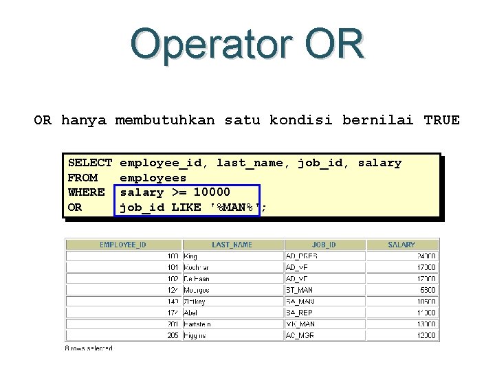 Operator OR OR hanya membutuhkan satu kondisi bernilai TRUE SELECT FROM WHERE OR employee_id,