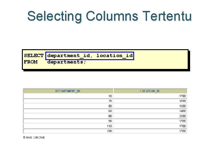 Selecting Columns Tertentu SELECT department_id, location_id FROM departments; 