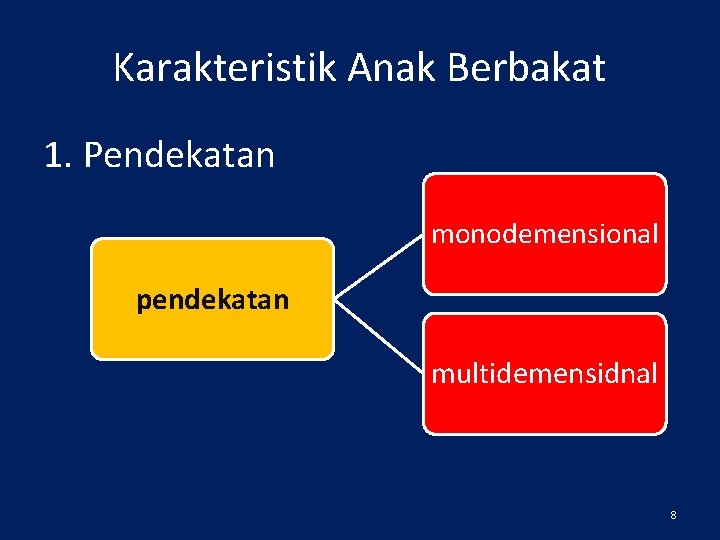 Karakteristik Anak Berbakat 1. Pendekatan monodemensional pendekatan multidemensidnal 8 