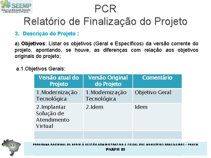 PCR Relatório de Finalização do Projeto 3. Descrição do Projeto : a) Objetivos: Listar