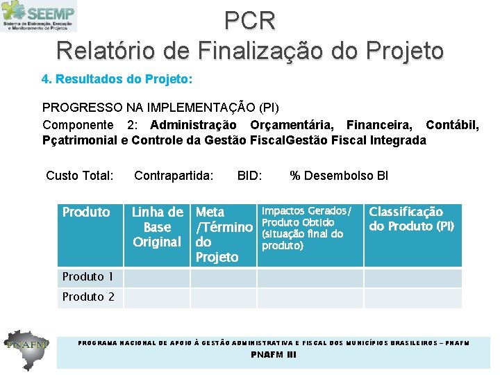 PCR Relatório de Finalização do Projeto 4. Resultados do Projeto: PROGRESSO NA IMPLEMENTAÇÃO (PI)
