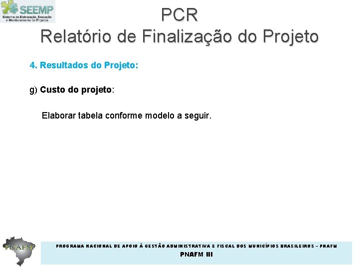 PCR Relatório de Finalização do Projeto 4. Resultados do Projeto: g) Custo do projeto: