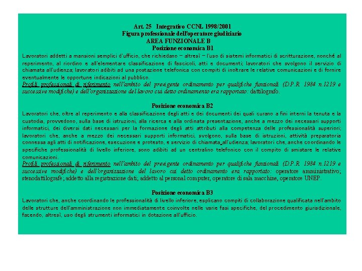 Art. 25 Integrativo CCNL 1998/2001 Figura professionale dell'operatore giudiziario AREA FUNZIONALE B Posizione economica