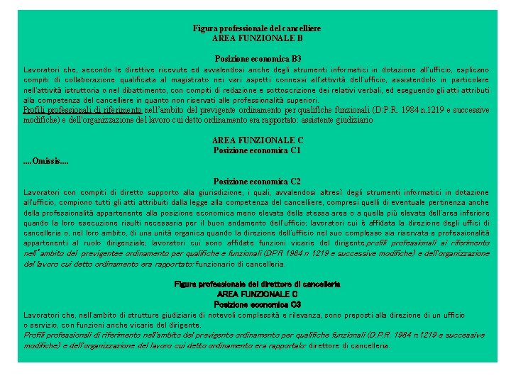 Figura professionale del cancelliere AREA FUNZIONALE B Posizione economica B 3 Lavoratori che, secondo