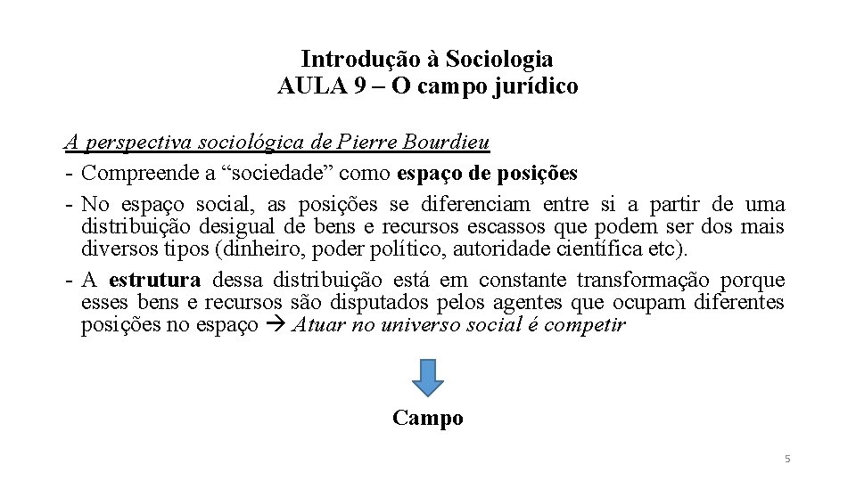 Introdução à Sociologia AULA 9 – O campo jurídico A perspectiva sociológica de Pierre