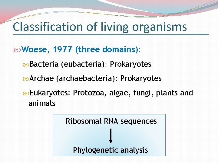 Classification of living organisms Woese, 1977 (three domains): Bacteria (eubacteria): Prokaryotes Archae (archaebacteria): Prokaryotes