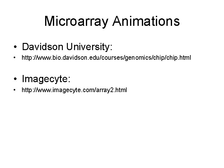 Microarray Animations • Davidson University: • http: //www. bio. davidson. edu/courses/genomics/chip. html • Imagecyte: