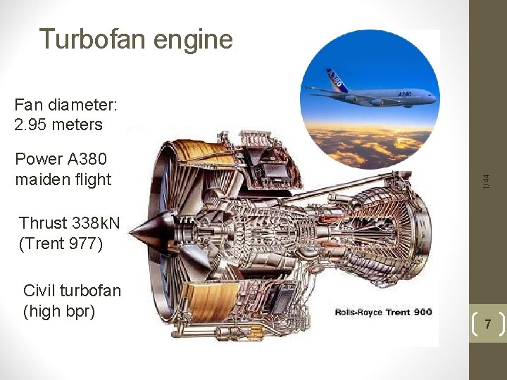 Turbofan engine Power A 380 maiden flight 1/44 Fan diameter: 2. 95 meters Thrust