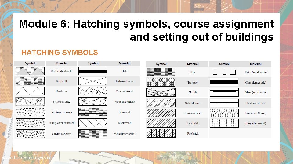 Module 6: Hatching symbols, course assignment and setting out of buildings HATCHING SYMBOLS www.