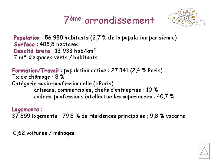 7ème arrondissement Population : 56 988 habitants (2, 7 % de la population parisienne)