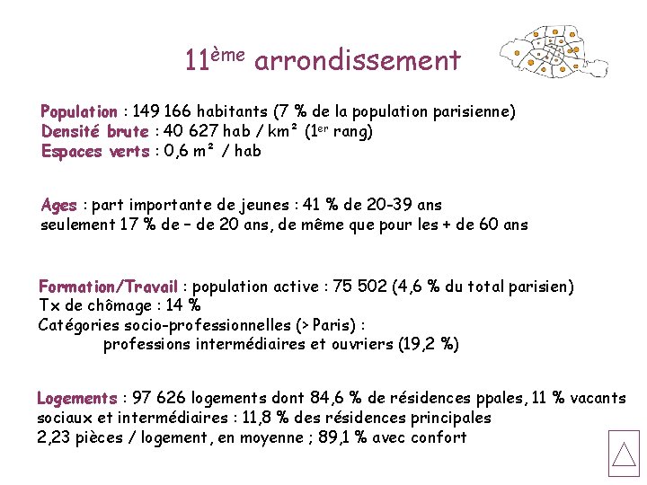 11ème arrondissement Population : 149 166 habitants (7 % de la population parisienne) Densité