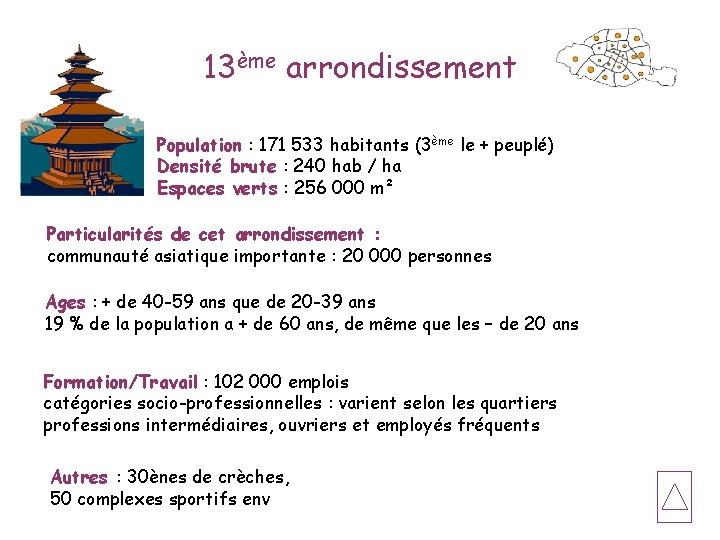 13ème arrondissement Population : 171 533 habitants (3ème le + peuplé) Densité brute :