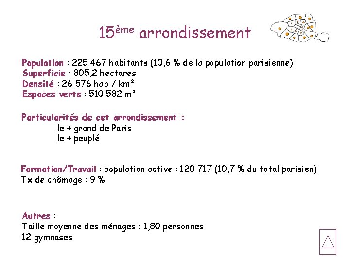 15ème arrondissement Population : 225 467 habitants (10, 6 % de la population parisienne)