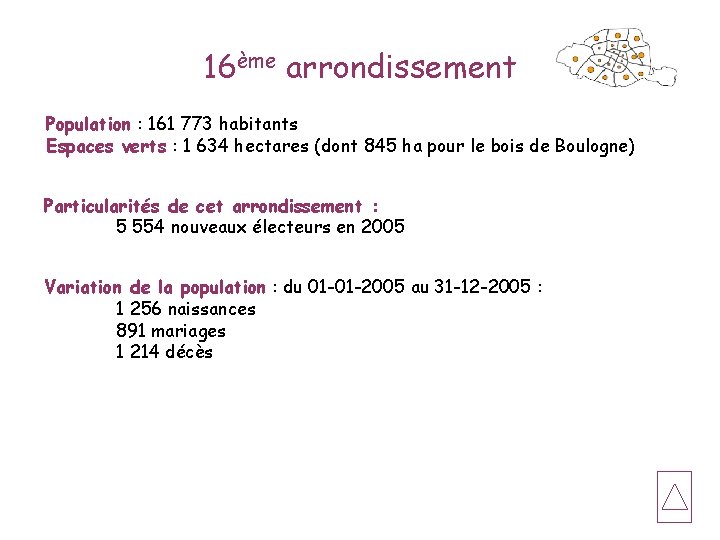 16ème arrondissement Population : 161 773 habitants Espaces verts : 1 634 hectares (dont