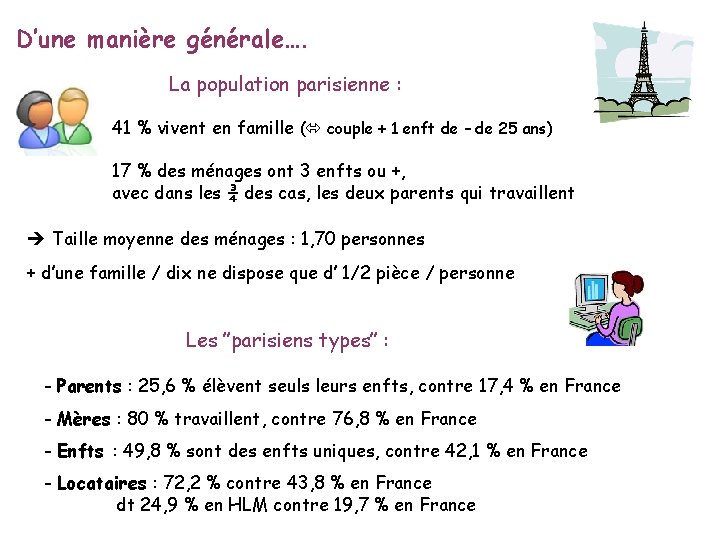 D’une manière générale…. La population parisienne : 41 % vivent en famille ( couple