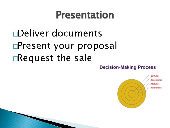 Presentation �Deliver documents �Present your proposal �Request the sale 