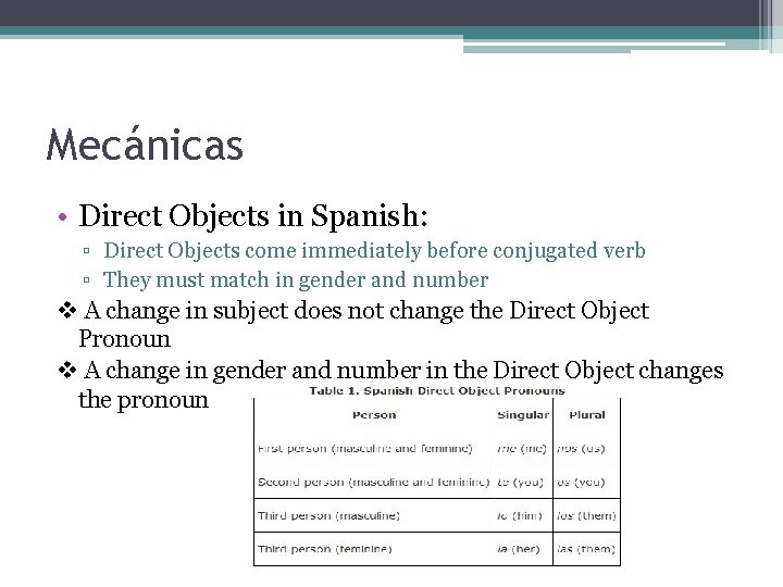 Mecánicas • Direct Objects in Spanish: ▫ Direct Objects come immediately before conjugated verb