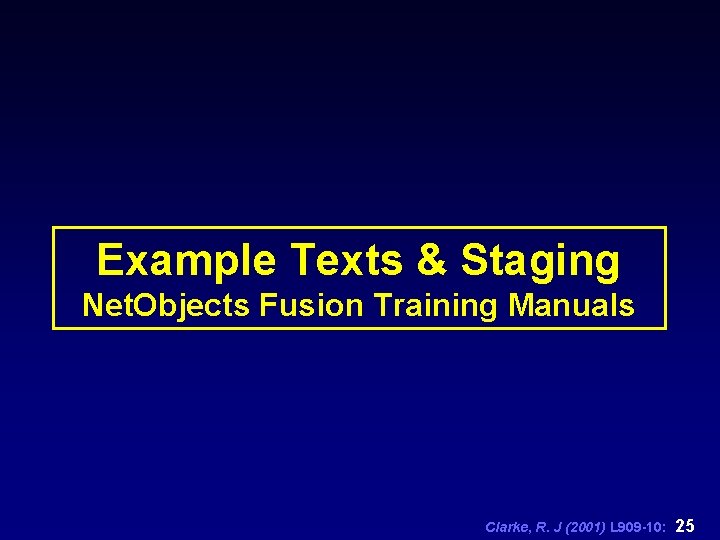 Example Texts & Staging Net. Objects Fusion Training Manuals Clarke, R. J (2001) L