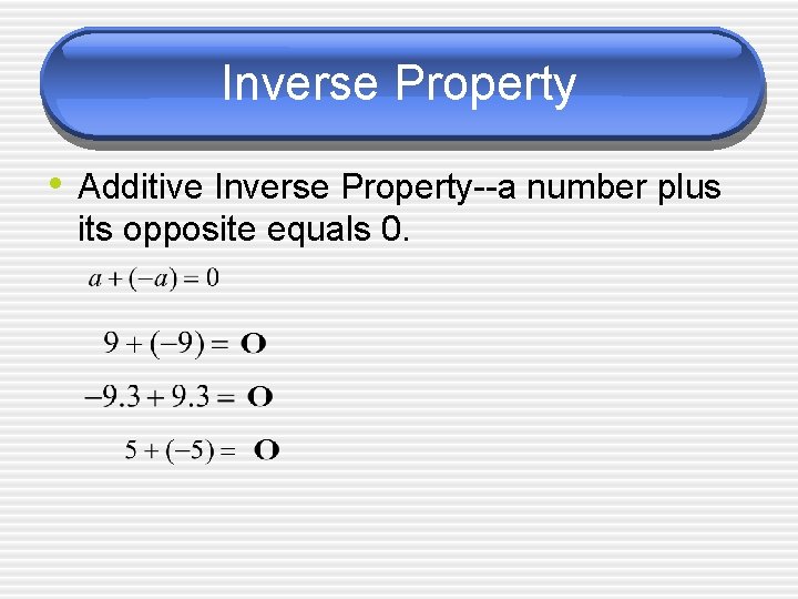 Inverse Property • Additive Inverse Property--a number plus its opposite equals 0. 