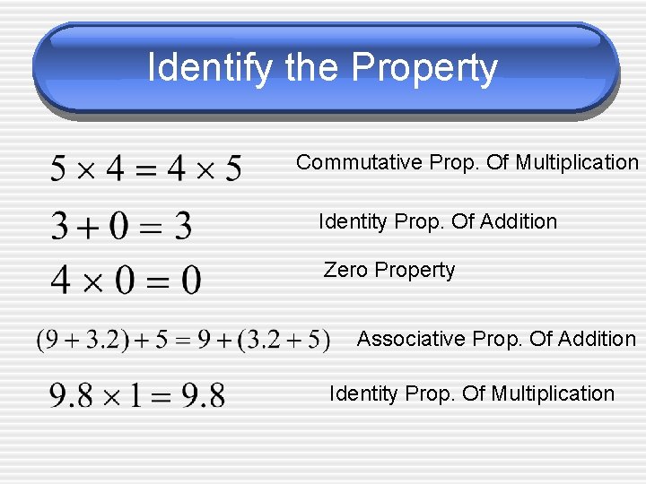 Identify the Property Commutative Prop. Of Multiplication Identity Prop. Of Addition Zero Property Associative