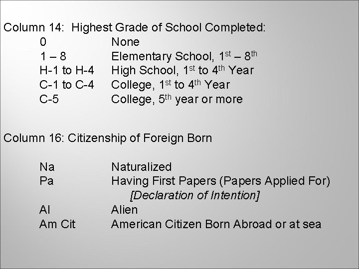 Column 14: Highest Grade of School Completed: 0 None 1– 8 Elementary School, 1