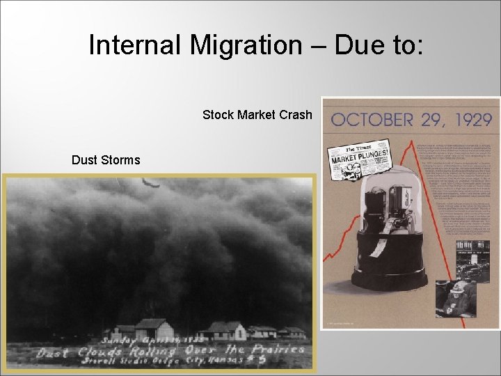 Internal Migration – Due to: Stock Market Crash Dust Storms 