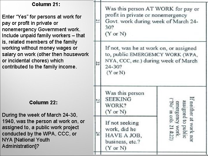 Column 21: Enter “Yes” for persons at work for pay or profit in private