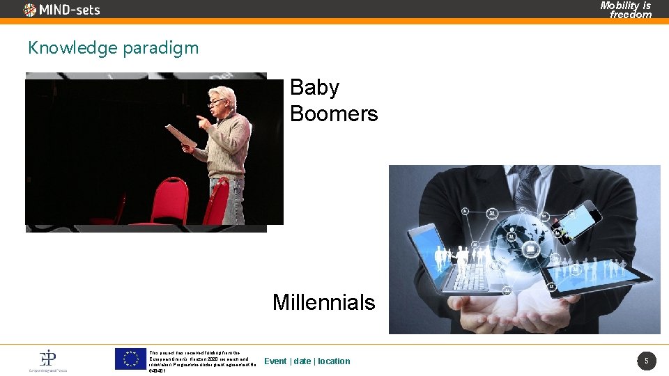 Mobility is freedom Knowledge paradigm Baby Boomers Millennials This project has received funding from