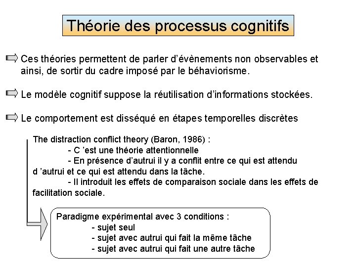 Théorie des processus cognitifs Ces théories permettent de parler d’évènements non observables et ainsi,