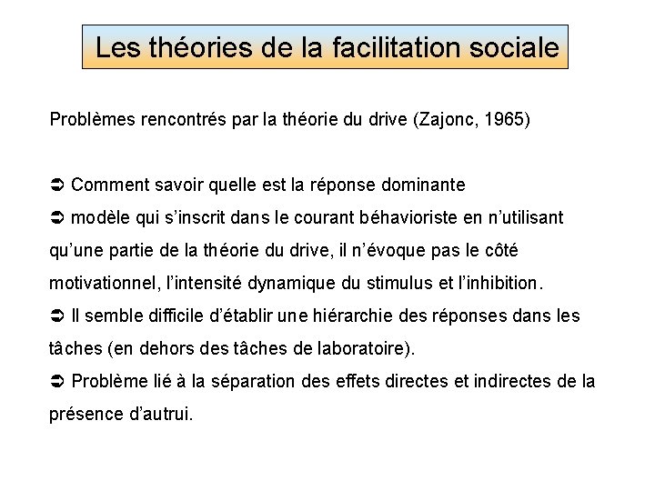 Les théories de la facilitation sociale Problèmes rencontrés par la théorie du drive (Zajonc,