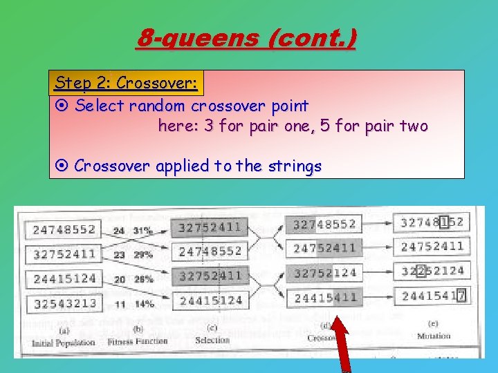 8 -queens (cont. ) Step 2: Crossover: ¤ Select random crossover point here: 3