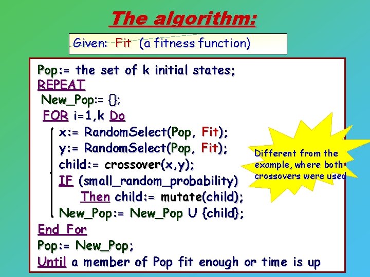 The algorithm: Given: Fit (a fitness function) Pop: = the set of k initial