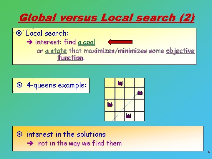 Global versus Local search (2) ¤ Local search: è interest: find a goal or