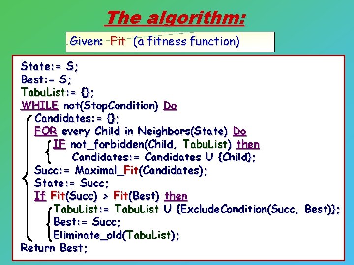 The algorithm: Given: Fit (a fitness function) State: = S; Best: = S; Tabu.